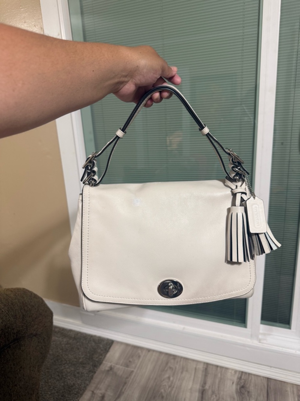 Coach White Leather Turnlock Satchel with Tassel